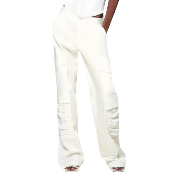 Zara XL Ivory Ruched Satin Effect Cargo Pant Wide Leg High Rise *flaw - Picture 1 of 13